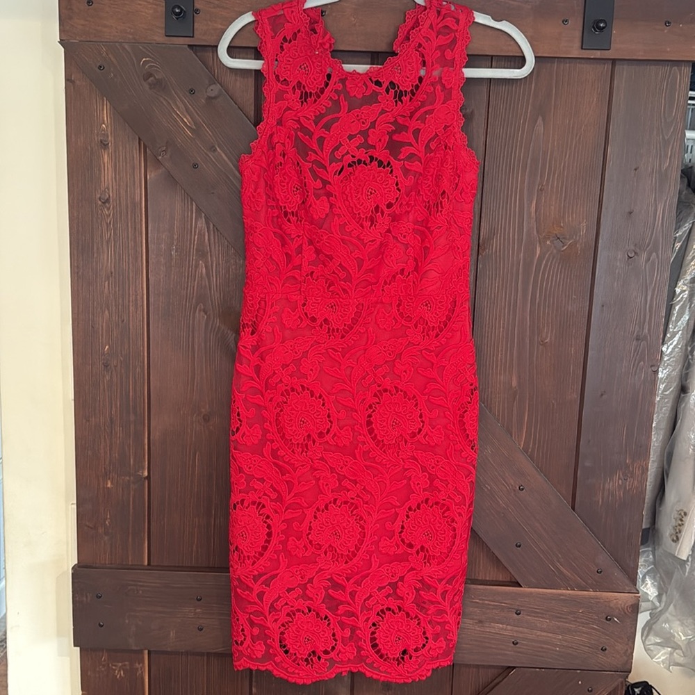 Just Me Red Lace Dress. Hook & Eye neck closure, open mid back, zip up back